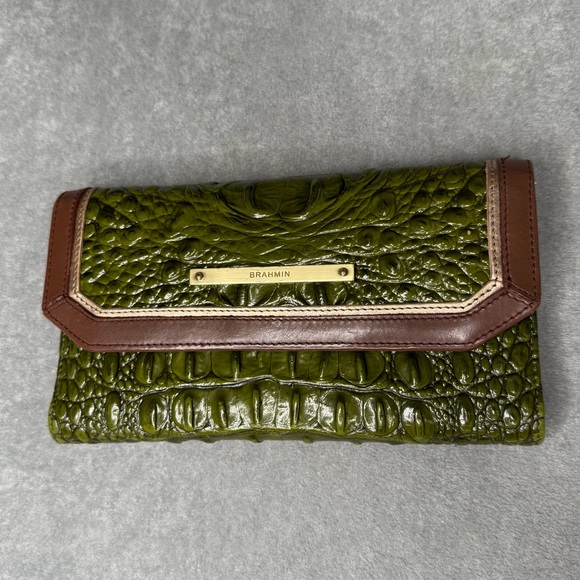 Brahmin Handbags - Brahmin Soft Checkbook Embossed Leather Wallet, Green/ Brown